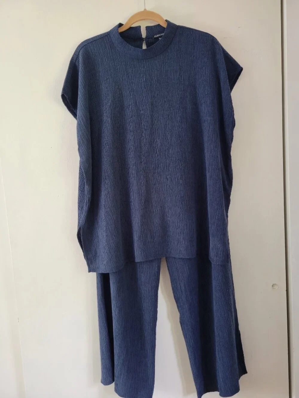 Eileen Fisher Crinkle Crepe Wide Leg Pant + Top Set Slate Blue Lagenlook Sz L - Picture 10 of 11